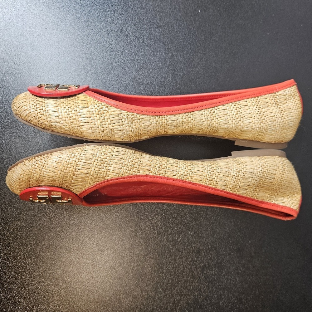 Tory Burch Reva Woven Raffia Ballet Flats Size 11 Double T Logo Red Trim - Picture 8 of 9